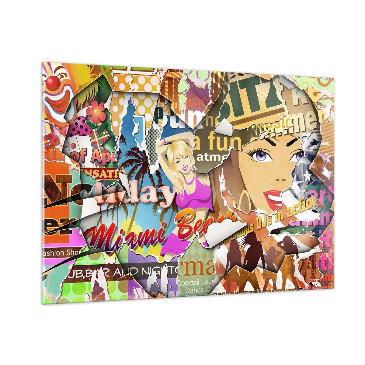 Glasbild - Bild auf glas - Bunte Retro-Collage mit Postern und Grafiken - 100x70cm - Sommer Rückblicke - Moderne Wanddekoration für Wohnzimmer und Schlafzimmer ARTTOR