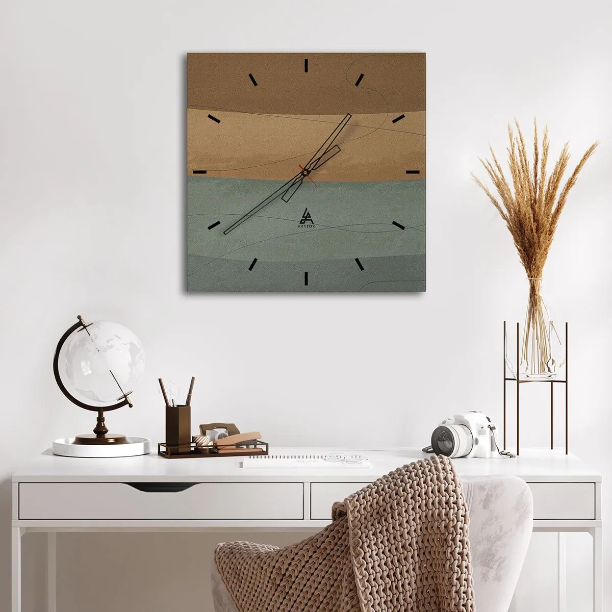Wanduhr - Glasuhr - Abstrakte Komposition in natürlichen Erdtönen - 30x30cm - Horizontale Komposition - Moderne Wanddekoration für Wohnzimmer und Schlafzimmer ARTTOR