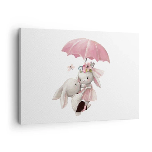 Bild auf Leinwand - Leinwandbild - Süße Häschen unter einem rosa Regenschirm - 70x50cm - Das ist eben Liebe - Moderne Wanddekoration für Wohnzimmer und Schlafzimmer ARTTOR