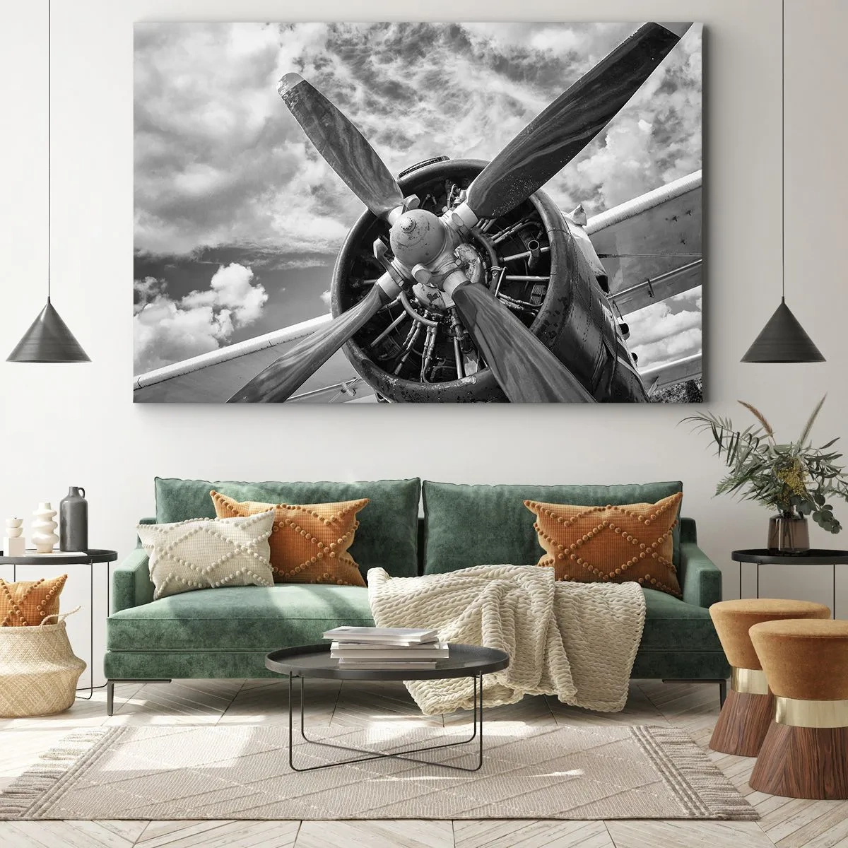 Bild auf Leinwand - Leinwandbild - Ein Schwarzweißfoto eines Flugzeugpropellers vor einem dynamischen Himmel. - 70x50cm - Eroberer der Lüfte - Moderne Wanddekoration für Wohnzimmer und Schlafzimmer ARTTOR