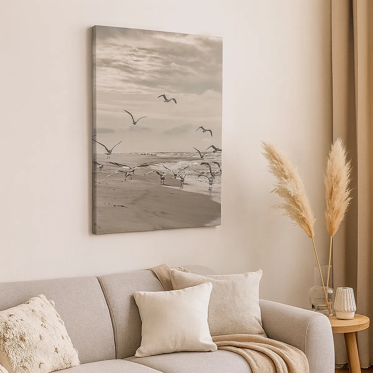 Bild auf Leinwand - Leinwandbild - Eine Möwe im Flug über einer Küstenlandschaft - 50x70cm - Meeresrauschen, Vogelgesang - Moderne Wanddekoration für Wohnzimmer und Schlafzimmer ARTTOR