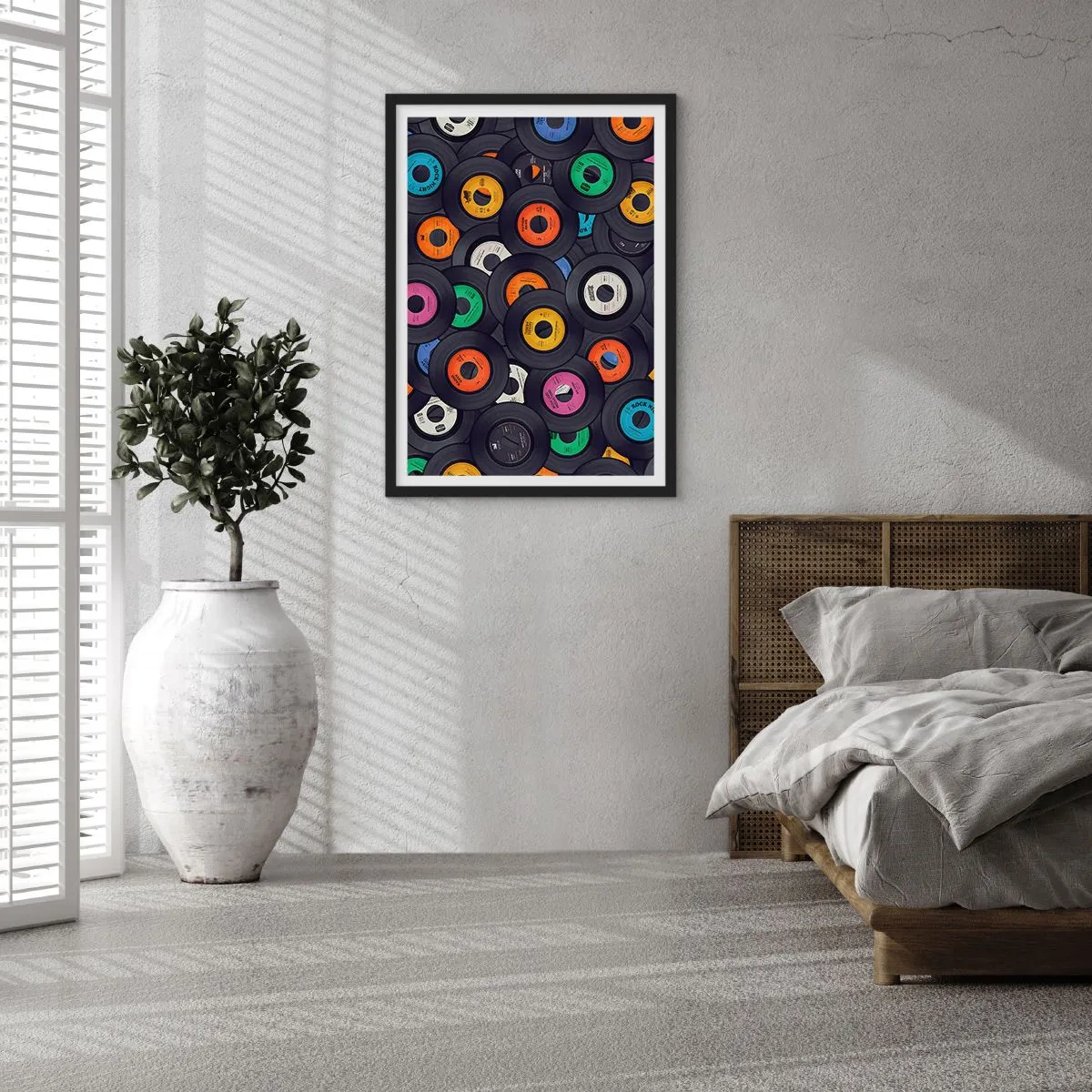 Poster in einem schwarzem Rahmen - Eine Sammlung bunter Vinyl-Schallplatten - 50x70cm - Farben der Klassiker - Moderne Wanddekoration für Wohnzimmer und Schlafzimmer ARTTOR