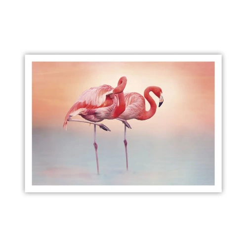 Poster - Flamingos in zarten Pastellfarben auf Wasserhintergrund - 100x70cm - Die Farbe der untergehenden Sonne - Moderne Wanddekoration für Wohnzimmer und Schlafzimmer ARTTOR