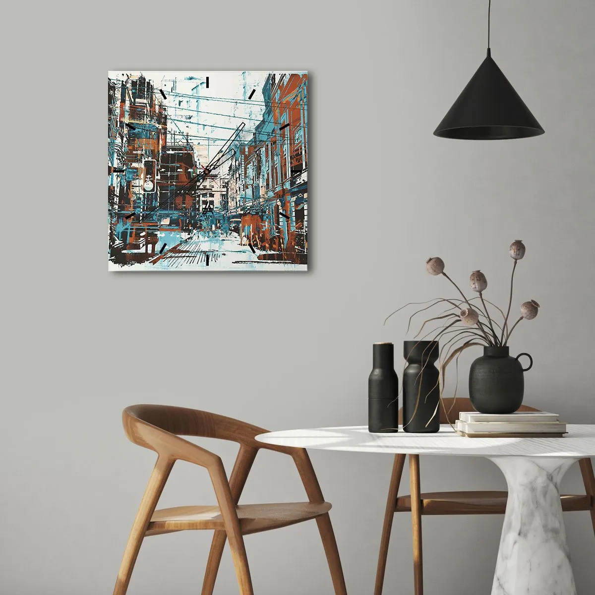 Wanduhr - Glasuhr - Eine Stadtlandschaft in Blau- und Orangetönen - 30x30cm - Ein abgenutzter Stadtwanderweg - Moderne Wanddekoration für Wohnzimmer und Schlafzimmer ARTTOR