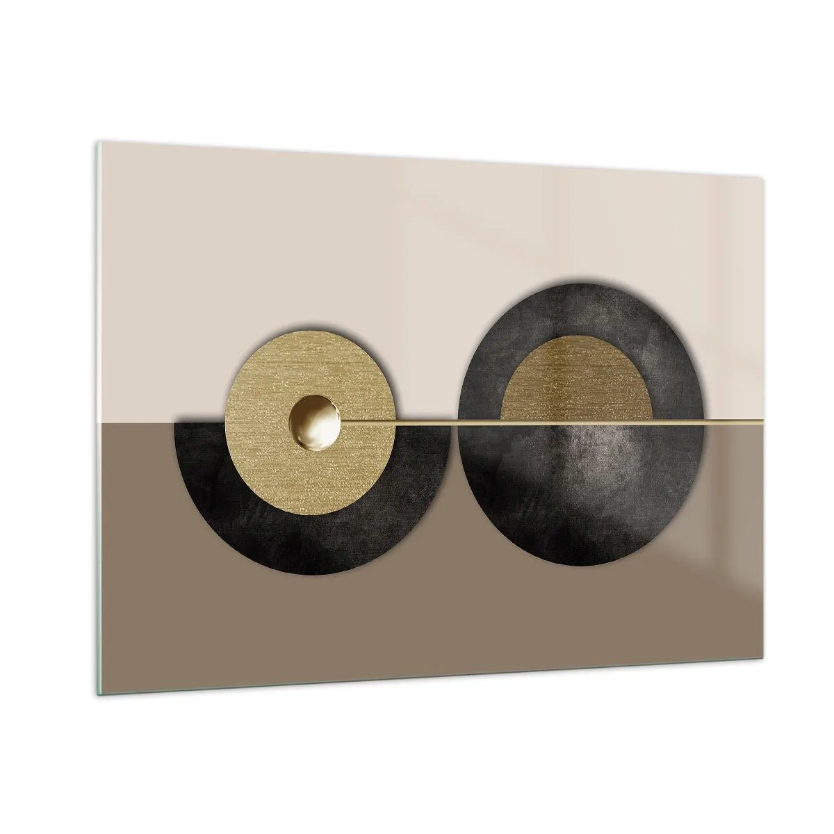 Glasbild - Bild auf glas - Geometrische Kreise in Gold und Schwarz auf beigem Hintergrund - 100x70cm - Variationen rund um den Kreis - Moderne Wanddekoration für Wohnzimmer und Schlafzimmer ARTTOR