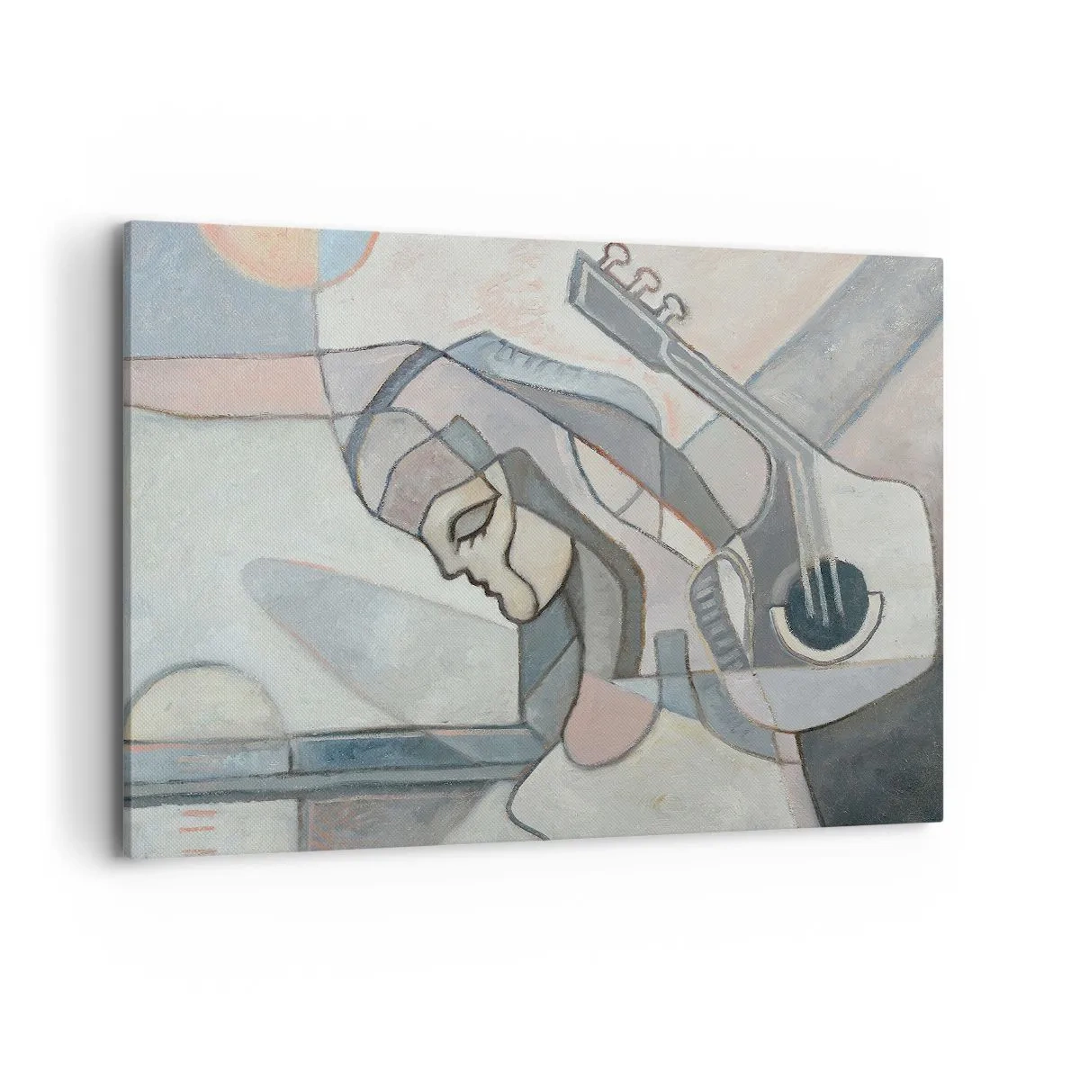 Bild auf Leinwand - Leinwandbild - Eine abstrakte Figur mit einer Gitarre in Pastellfarben. - 100x70cm - In der Kraft der Musik - Moderne Wanddekoration für Wohnzimmer und Schlafzimmer ARTTOR