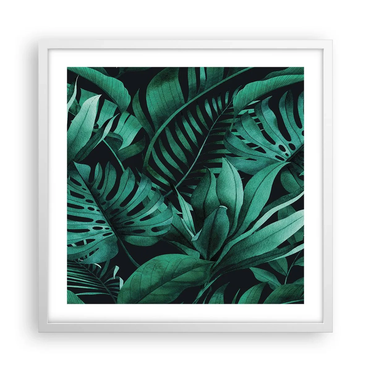 Poster in einem weißen Rahmen - Die Tiefe des tropischen Grüns - 50x50 cm
