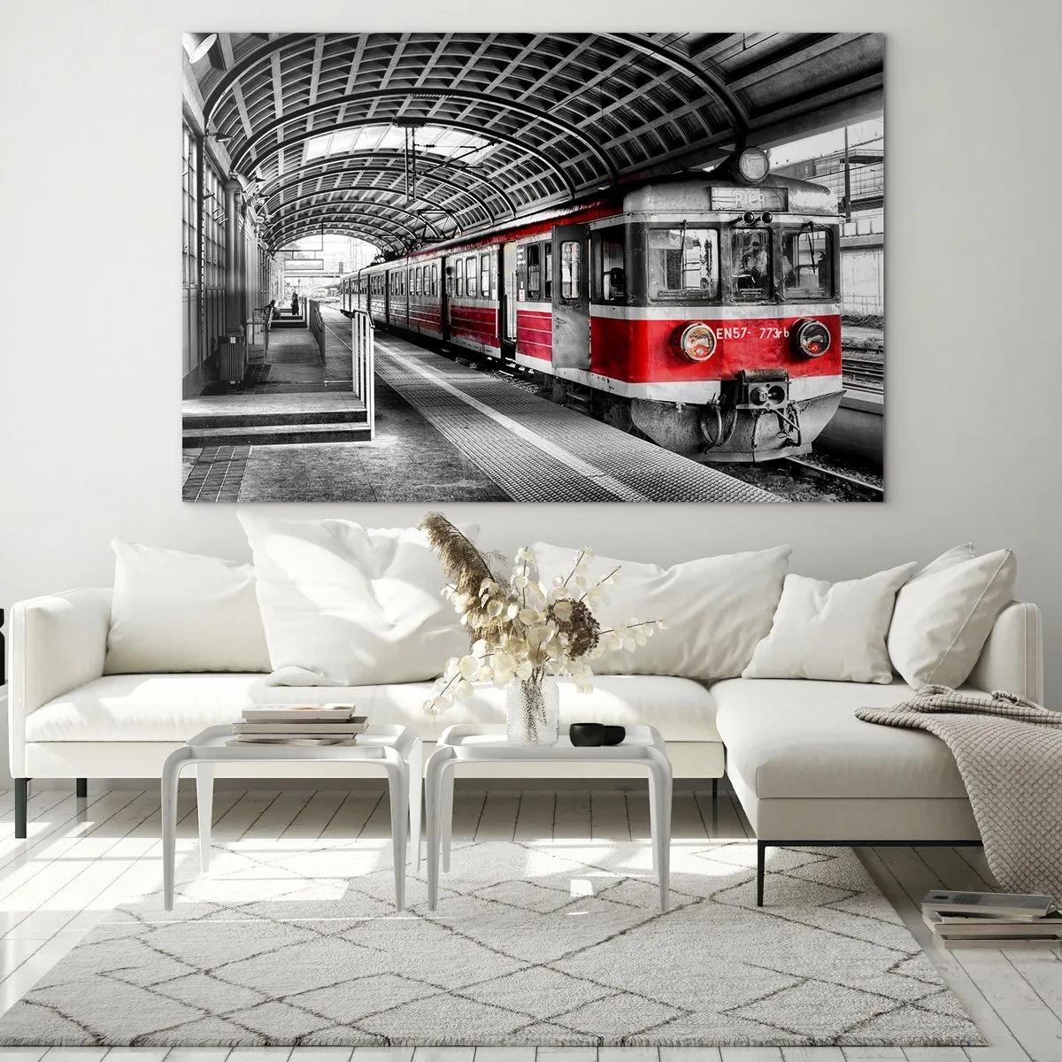 Glasbild - Bild auf glas - Roter Zug am Bahnhof unter einem Dach - 120x80cm - Vielleicht ist es eine Reise Ihres Lebens? - Moderne Wanddekoration für Wohnzimmer und Schlafzimmer ARTTOR