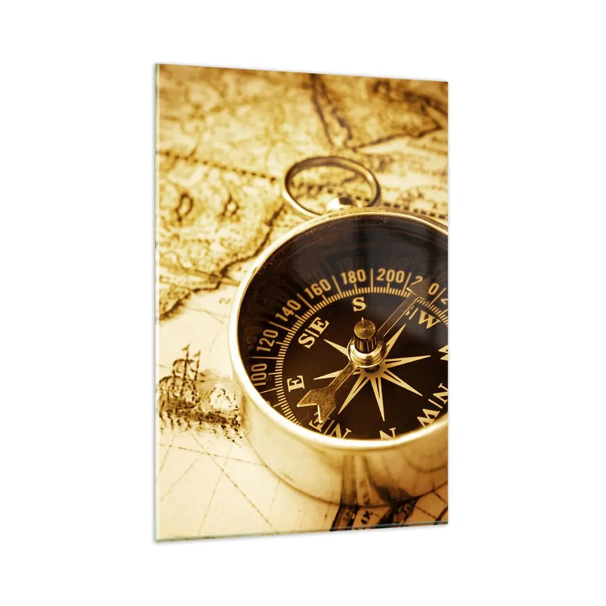 Glasbild - Bild auf glas - Ein antiker Kompass vor dem Hintergrund einer alten Weltkarte - 80x120cm - Ost oder West? - Moderne Wanddekoration für Wohnzimmer und Schlafzimmer ARTTOR