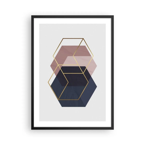 Poster in einem schwarzem Rahmen - Goldene geometrische Formen auf einem Hintergrund in Marineblau- und Rosatönen - 50x70cm - Die Kraft der Einfachheit - Moderne Wanddekoration für Wohnzimmer und Schlafzimmer ARTTOR