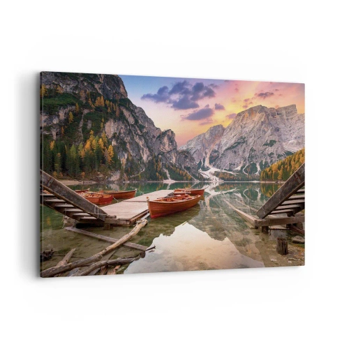 Bild auf Leinwand - Leinwandbild - Bergsee mit Booten bei Sonnenuntergang - 100x70cm - Versprechen des Tages - Moderne Wanddekoration für Wohnzimmer und Schlafzimmer ARTTOR