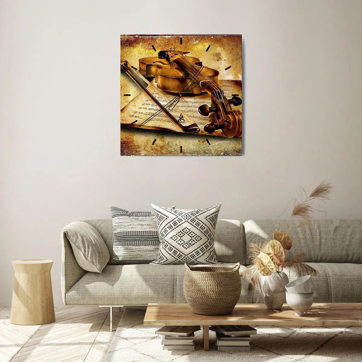 Wanduhr - Glasuhr - Eine Geige mit Notenblättern vor einem Vintage-Hintergrund in warmen Tönen - 30x30cm - Ein Virtuose dringend benötigt - Moderne Wanddekoration für Wohnzimmer und Schlafzimmer ARTTOR