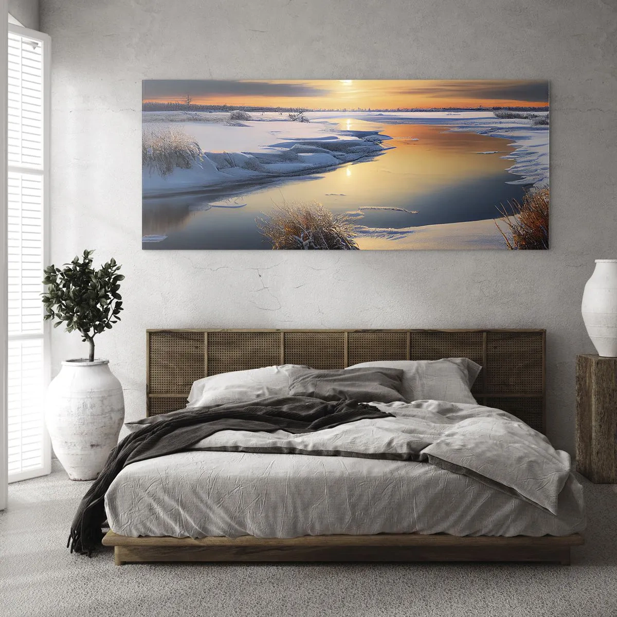 Glasbild - Bild auf glas - Winterlandschaft mit einem Fluss bei Sonnenuntergang - 160x50cm - Wintersonnenuntergang - Moderne Wanddekoration für Wohnzimmer und Schlafzimmer ARTTOR