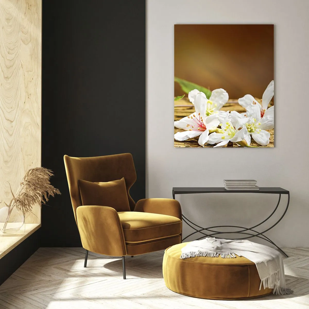 Glasbild - Bild auf glas - Weiße Blumen auf einem hölzernen Hintergrund in natürlichem Licht - 80x120cm - Ein unschuldiges Versprechen - Moderne Wanddekoration für Wohnzimmer und Schlafzimmer ARTTOR