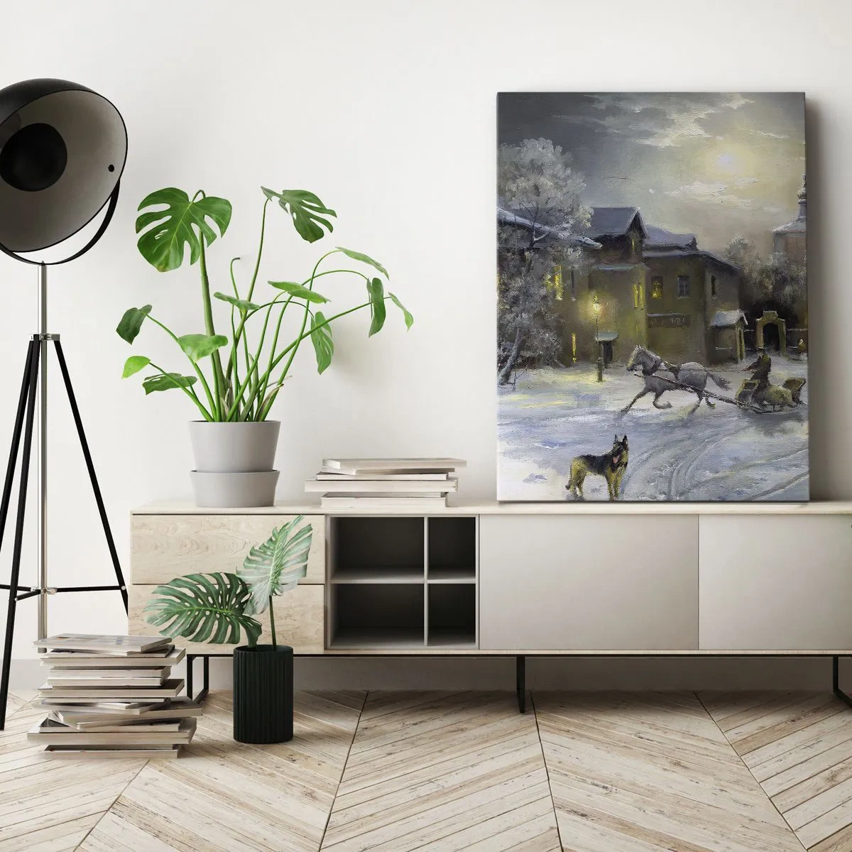 Bild auf Leinwand - Leinwandbild - Winterlandschaft in einer russischen Stadt mit Schlitten und Kirche - 70x100cm - Die Magie des russischen Winters - Moderne Wanddekoration für Wohnzimmer und Schlafzimmer ARTTOR