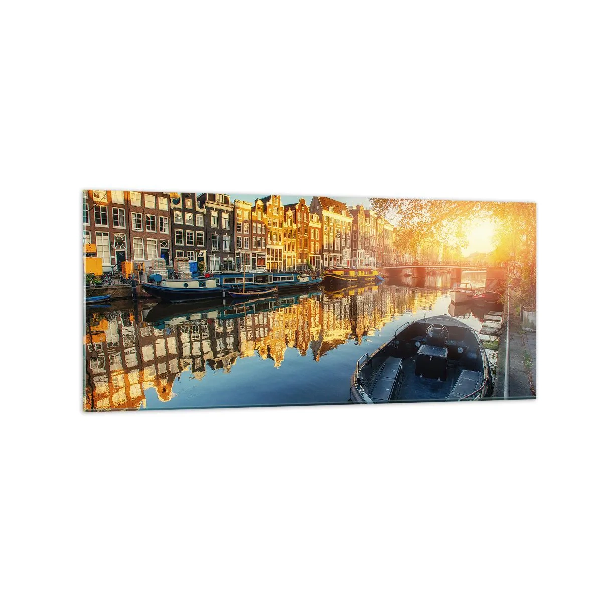 Glasbild - Bild auf glas - Amsterdamer Kanal bei Sonnenuntergang - 120x50cm - Morgen in Amsterdam - Moderne Wanddekoration für Wohnzimmer und Schlafzimmer ARTTOR