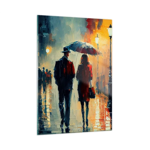 Glasbild - Bild auf glas - Ein Paar mit einem Regenschirm geht nachts eine nasse Straße entlang. - 50x70cm - Urbane Liebesgeschichte - Moderne Wanddekoration für Wohnzimmer und Schlafzimmer ARTTOR