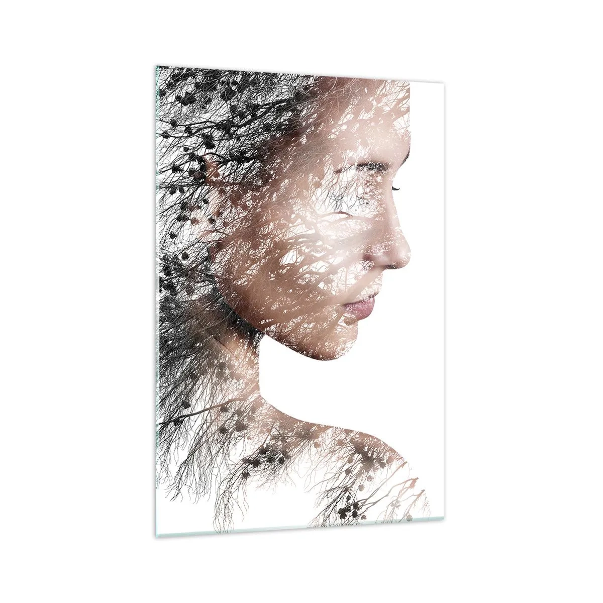 Glasbild - Bild auf glas - Silhouette einer Frau mit einem Zweig und Vogelmotiv im Hintergrund - 70x100cm - Der Geist des Waldes - Moderne Wanddekoration für Wohnzimmer und Schlafzimmer ARTTOR
