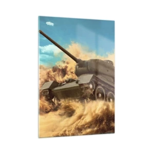 Glasbild - Bild auf glas - Ein Panzer in Bewegung in einer Wüste mit Staubwolken und strahlendem Himmel - 50x70cm - Nicht zu besiegen - Moderne Wanddekoration für Wohnzimmer und Schlafzimmer ARTTOR