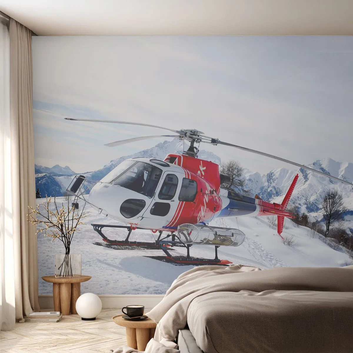 Fototapete Premium Sand - Ein roter Hubschrauber vor der Kulisse schneebedeckter Berge - 100x70cm - Immer bereit - Moderne Wanddekoration für Wohnzimmer und Schlafzimmer ARTTOR
