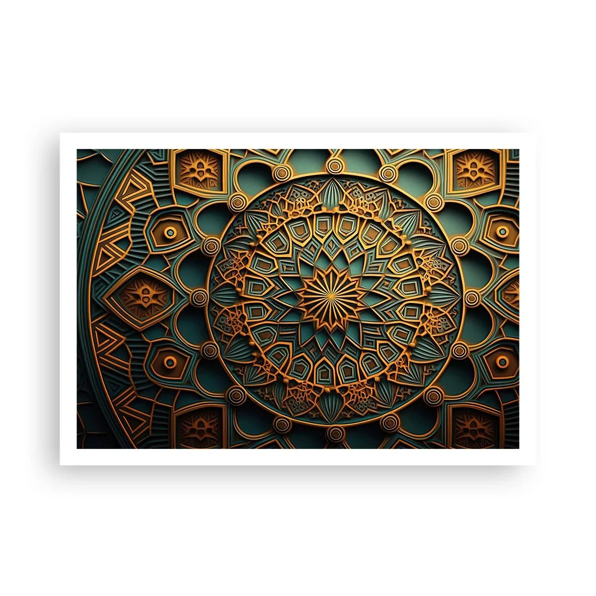 Poster - Ein goldenes Mandala auf türkisfarbenem Hintergrund mit vielen Details. - 100x70cm - In arabischer Atmosphäre - Moderne Wanddekoration für Wohnzimmer und Schlafzimmer ARTTOR