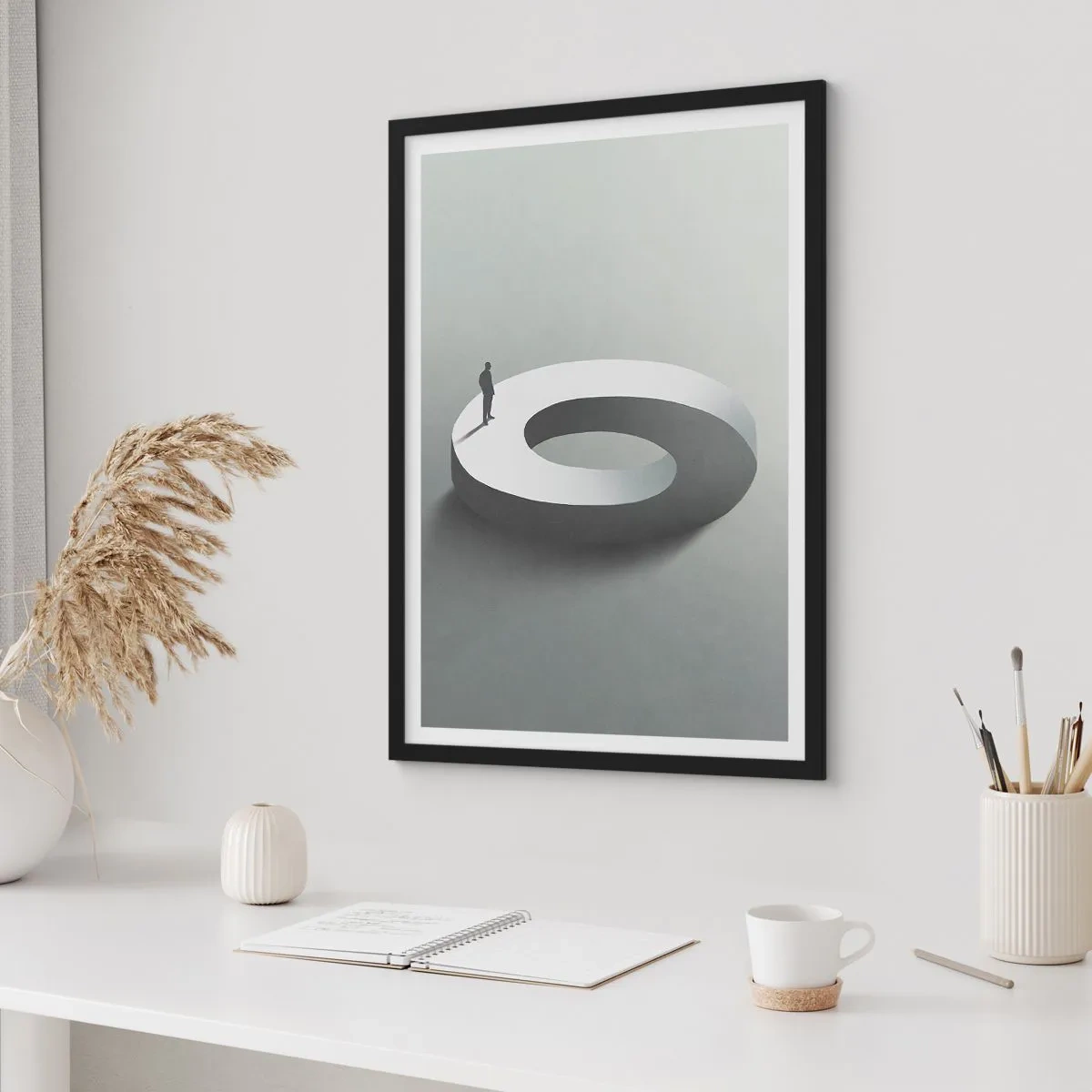 Poster in einem schwarzem Rahmen - Eine minimalistische Figur auf einer geometrischen Struktur - 50x70cm - Und wie soll man davon klug werden - Moderne Wanddekoration für Wohnzimmer und Schlafzimmer ARTTOR