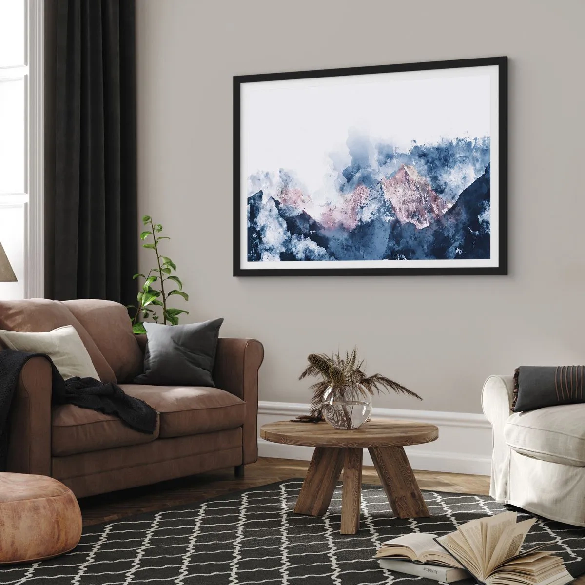 Poster in einem schwarzem Rahmen - Aquarell Berge in Pastelltönen auf weißem Hintergrund - 100x70cm - Das sind die Spitzen! - Moderne Wanddekoration für Wohnzimmer und Schlafzimmer ARTTOR