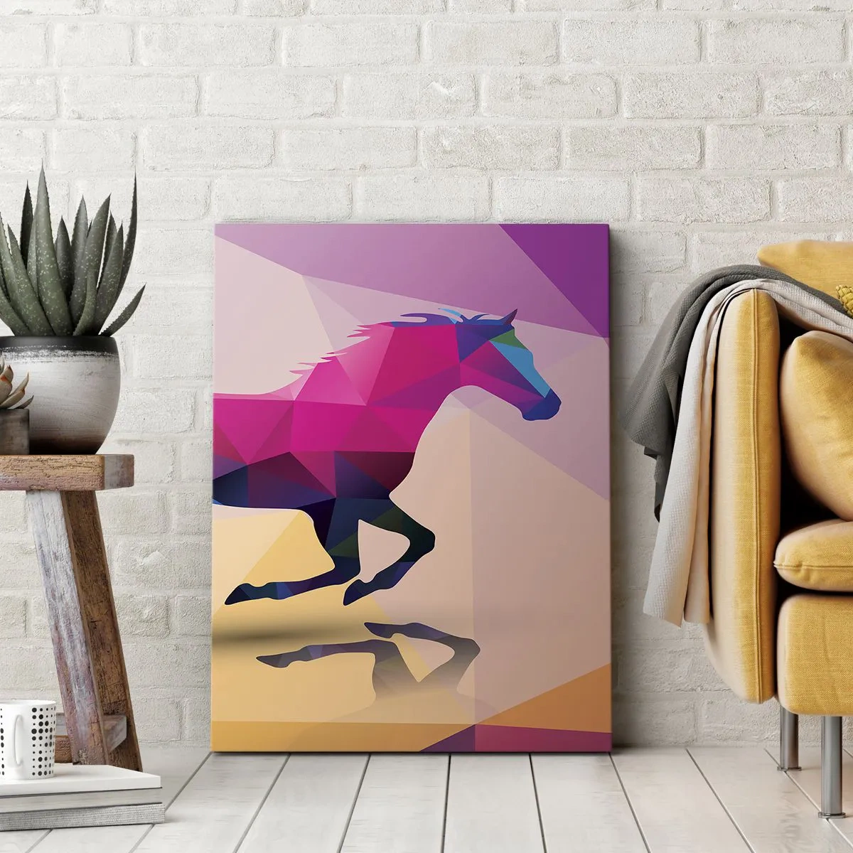 Bild auf Leinwand - Leinwandbild - Geometrische Silhouette eines galoppierenden Pferdes in leuchtenden Farben - 50x70cm - Kubismus lebt noch - Moderne Wanddekoration für Wohnzimmer und Schlafzimmer ARTTOR