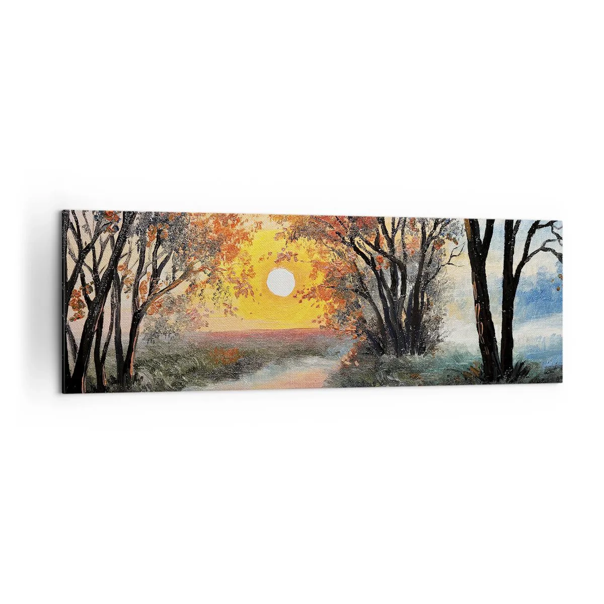 Bild auf Leinwand - Leinwandbild - Sonnenuntergang über dem Fluss in einer Herbstlandschaft - 160x50cm - Herbststimmung - Moderne Wanddekoration für Wohnzimmer und Schlafzimmer ARTTOR
