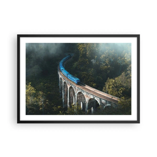 Poster in einem schwarzem Rahmen - Ein blauer Zug auf einem historischen Viadukt inmitten der Wälder - 70x50cm - Neigung zur Natur - Moderne Wanddekoration für Wohnzimmer und Schlafzimmer ARTTOR