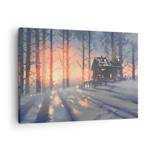 Bild auf Leinwand - Leinwandbild - Ein Waldhäuschen in einer Winterlandschaft mit den Strahlen der untergehenden Sonne - 70x50cm - Hier sieht nur die Sonne rein - Moderne Wanddekoration für Wohnzimmer und Schlafzimmer ARTTOR