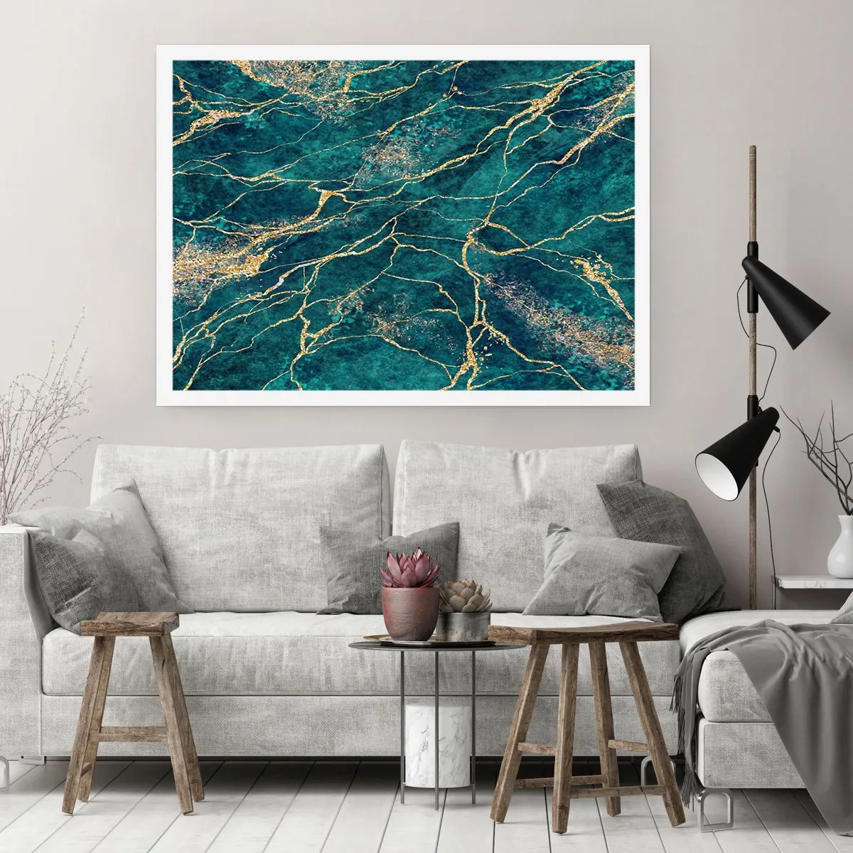 Poster - Strukturiertes Marmormuster in Türkis- und Goldtönen - 100x70cm - Goldmine - Moderne Wanddekoration für Wohnzimmer und Schlafzimmer ARTTOR
