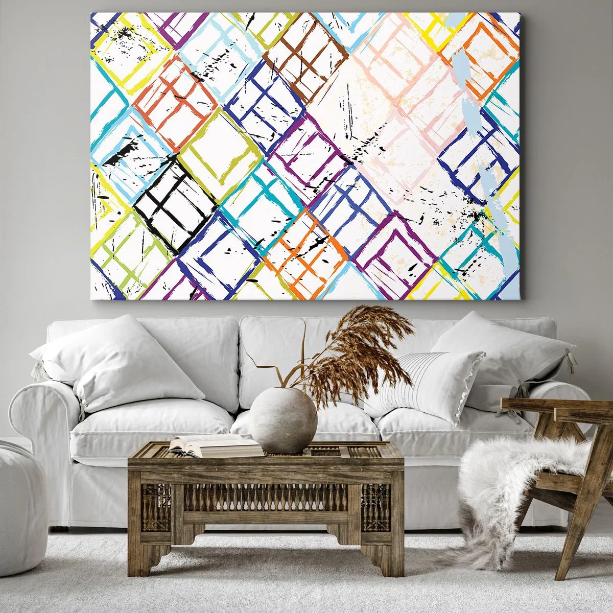 Bild auf Leinwand - Leinwandbild - Bunte Abstraktion mit geometrischen Formen auf weißem Hintergrund - 70x50cm - Zellen zu vermieten - Moderne Wanddekoration für Wohnzimmer und Schlafzimmer ARTTOR