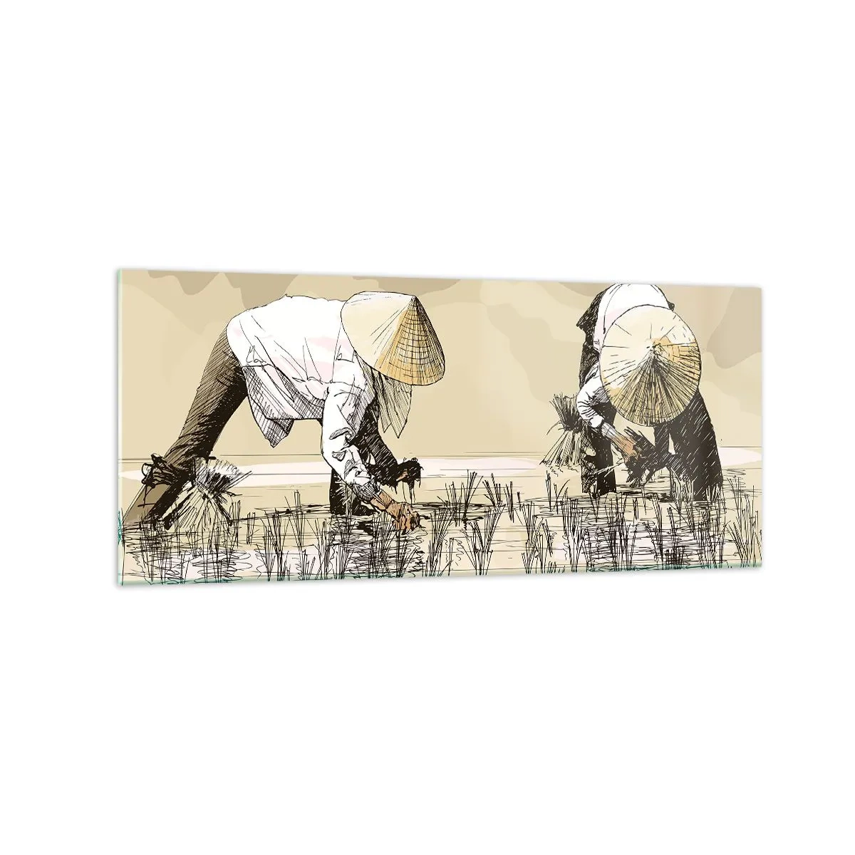 Glasbild - Bild auf glas - Bauern bei der Arbeit auf einem Reisfeld mit traditioneller Kopfbedeckung - 120x50cm - Erfolgreiche Ernte - Moderne Wanddekoration für Wohnzimmer und Schlafzimmer ARTTOR