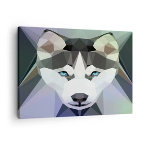 Bild auf Leinwand - Leinwandbild - Geometrischer Wolf mit ausdrucksstarken blauen Augen - 70x50cm - Die Erinnerung an den Schnee des Nordens - Moderne Wanddekoration für Wohnzimmer und Schlafzimmer ARTTOR
