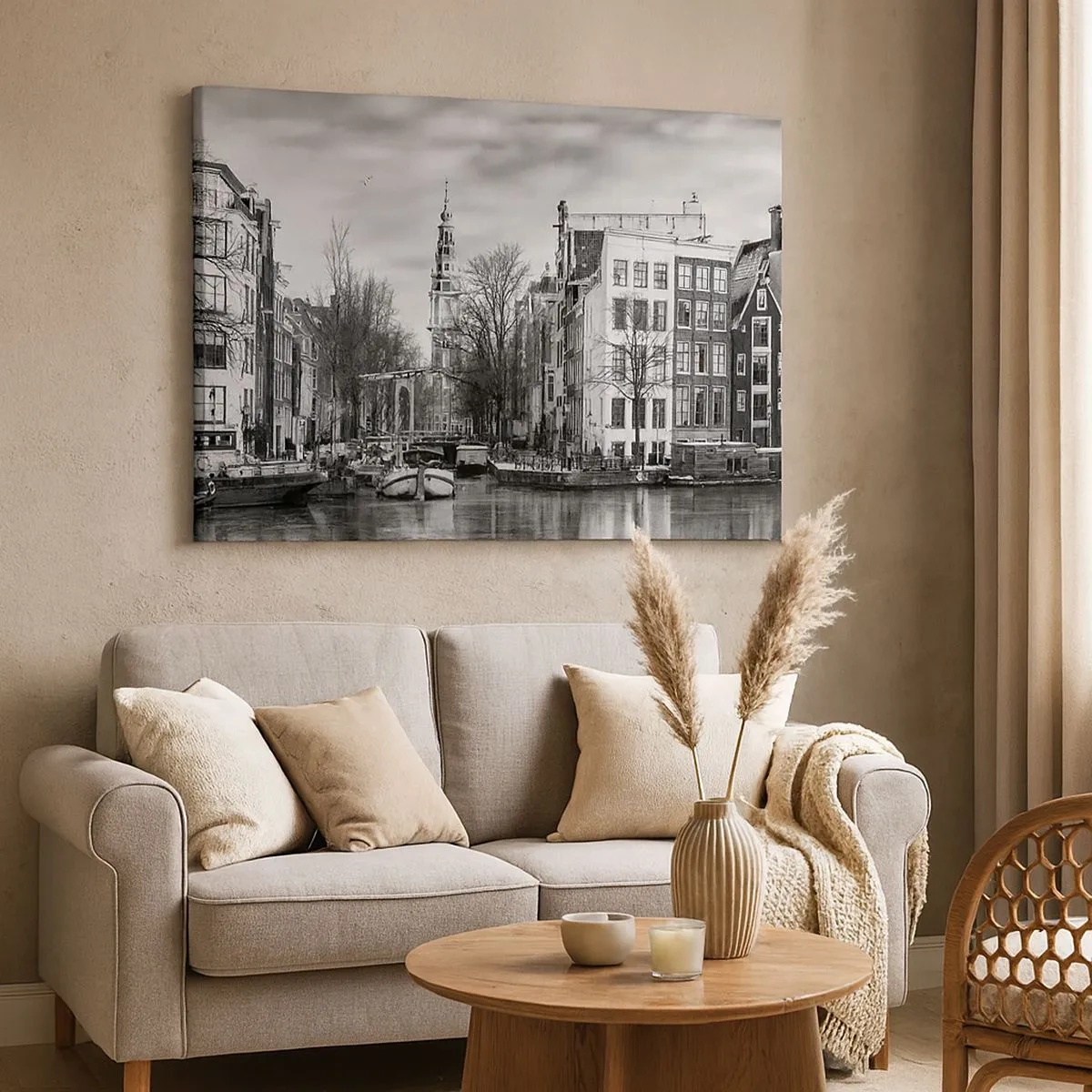 Bild auf Leinwand - Leinwandbild - Schwarz-Weiß-Panorama von Amsterdam mit Kanal und historischen Gebäuden - 70x50cm - Amsterdamer Atmosphäre - Moderne Wanddekoration für Wohnzimmer und Schlafzimmer ARTTOR