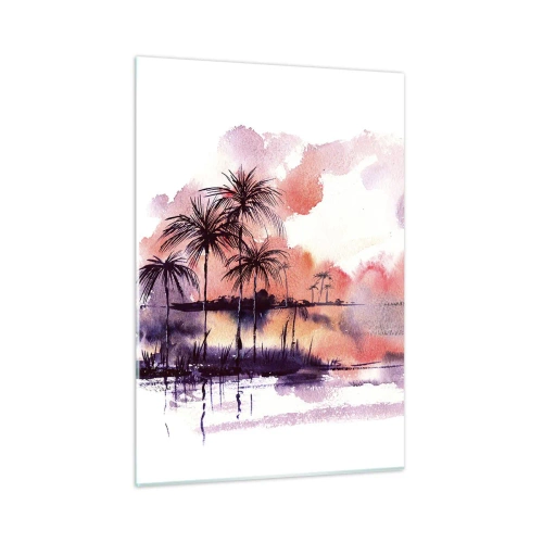 Glasbild - Bild auf glas - Tropische Landschaft bei Sonnenuntergang in Aquarell - 50x70cm - Die Ruhe der Tropen in Rot - Moderne Wanddekoration für Wohnzimmer und Schlafzimmer ARTTOR