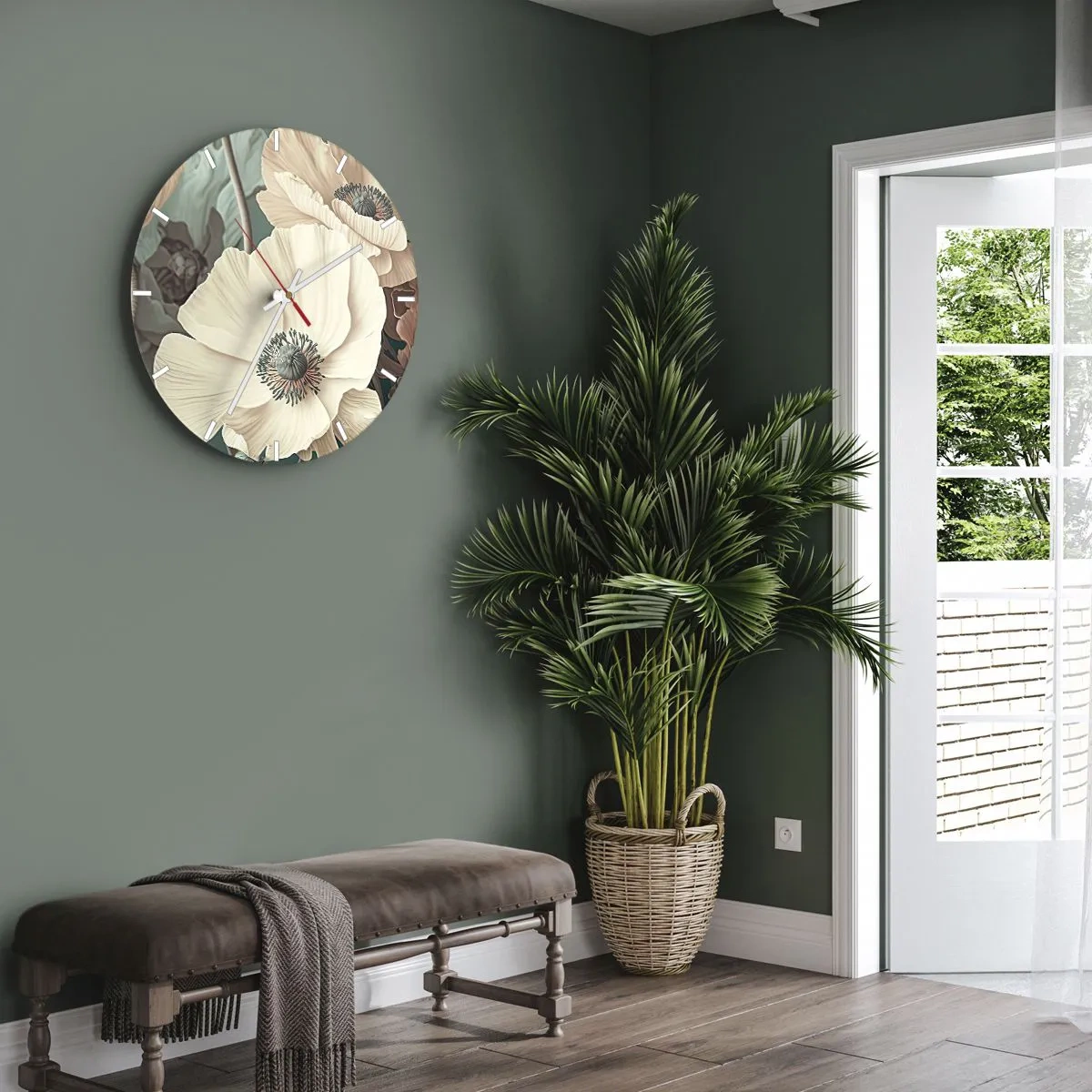 Wanduhr - Glasuhr - Cremefarbene Mohnblumen vor einem Hintergrund aus Blättern in einer gedämpften Pastellpalette - 30x30cm - Flüstern von Mohnblumen - Moderne Wanddekoration für Wohnzimmer, Küche und Schlafzimmer ARTTOR