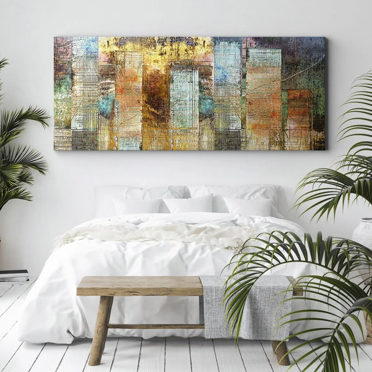 Bild auf Leinwand - Leinwandbild - Abstrakte Wolkenkratzer im Industriestil - 160x50cm - Sonnige Metropole - Moderne Wanddekoration für Wohnzimmer und Schlafzimmer ARTTOR