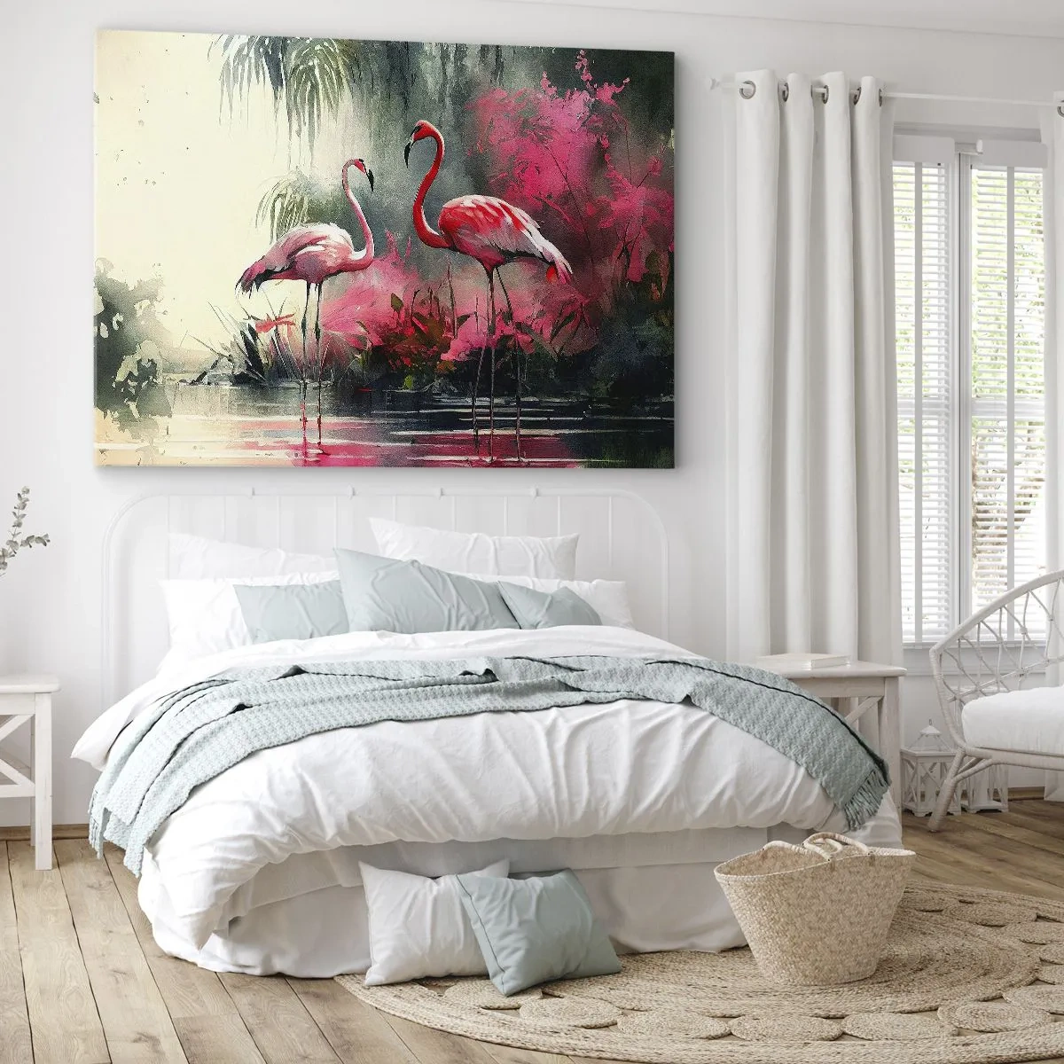 Bild auf Leinwand - Leinwandbild - Flamingos am Wasser, umgeben von Vegetation - 100x70cm - Lektion in natürlicher Anmut - Moderne Wanddekoration für Wohnzimmer und Schlafzimmer ARTTOR