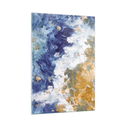 Glasbild - Bild auf glas - Abstrakte Pinselstriche in Blau, Weiß und Gold - 50x70cm - Tanz der Naturelemente - Moderne Wanddekoration für Wohnzimmer und Schlafzimmer ARTTOR