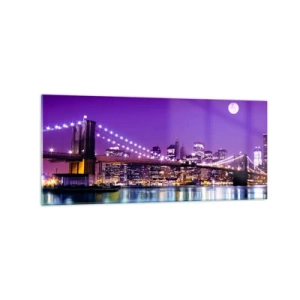 Glasbild - Bild auf glas - Brooklyn Bridge bei Nacht mit beleuchteter Stadt und Vollmond - 120x50cm - Die Lichter der Großstadt in Lila - Moderne Wanddekoration für Wohnzimmer und Schlafzimmer ARTTOR