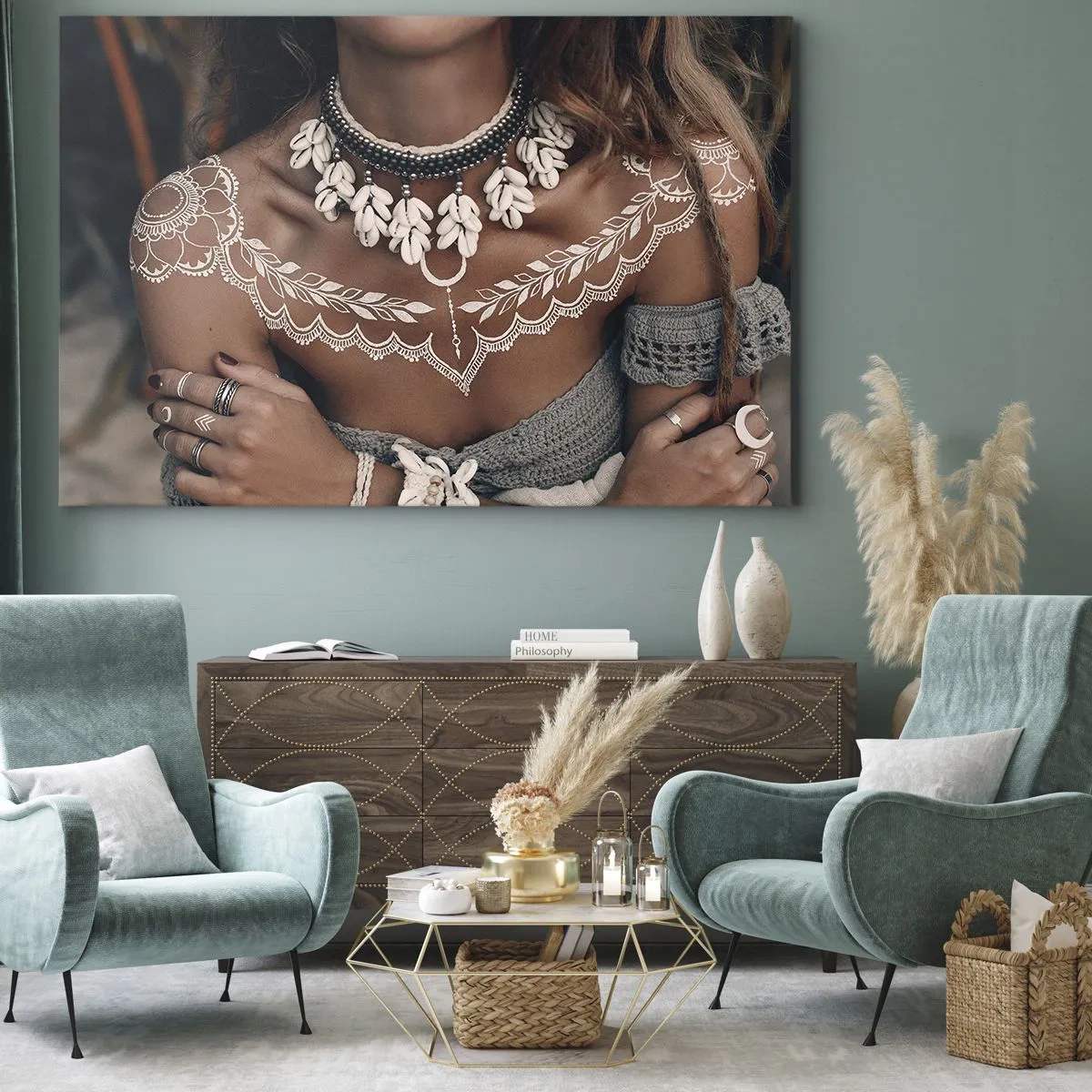 Bild auf Leinwand - Leinwandbild - Boho-Style mit Muschelschmuck und Lochmuster - 120x80cm - Talismane, Rituale der Weiblichkeit - Moderne Wanddekoration für Wohnzimmer und Schlafzimmer ARTTOR