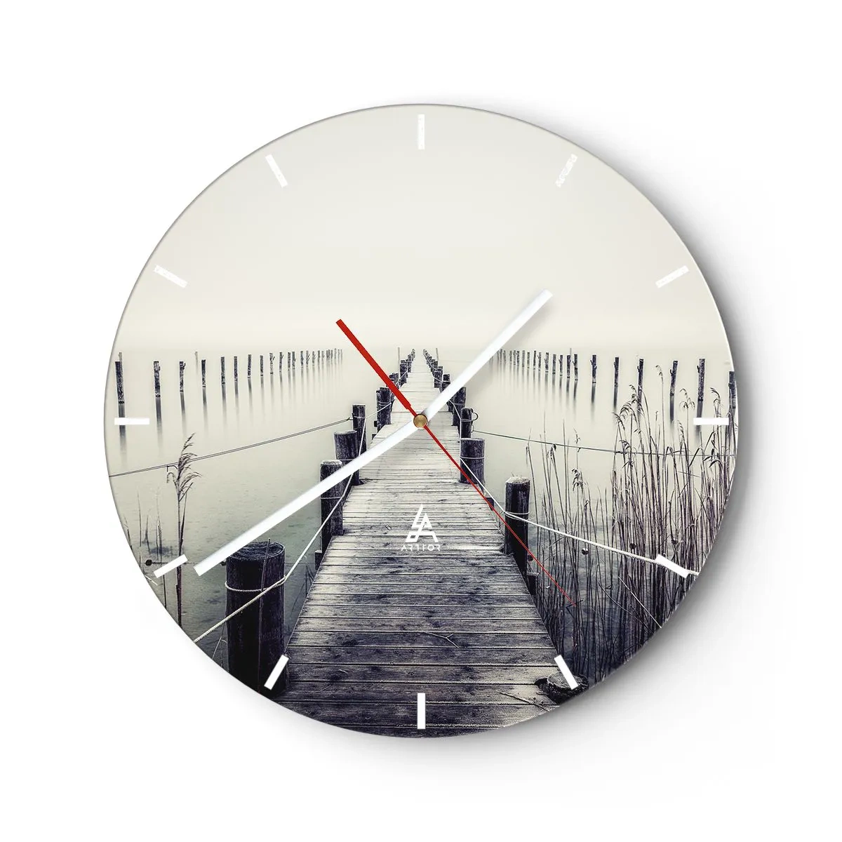 Wanduhr - Glasuhr - Ein Holzsteg in einer nebligen Landschaft über dem Wasser - 30x30cm - Tauchen Sie in Ruhe ein - Moderne Wanddekoration für Wohnzimmer, Küche und Schlafzimmer ARTTOR