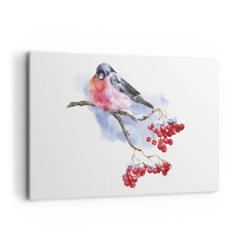 Bild auf Leinwand - Leinwandbild - Vogel auf einem Zweig mit roten Früchten im Aquarellhintergrund - 120x80cm - Winter in Farbe - Moderne Wanddekoration für Wohnzimmer und Schlafzimmer ARTTOR