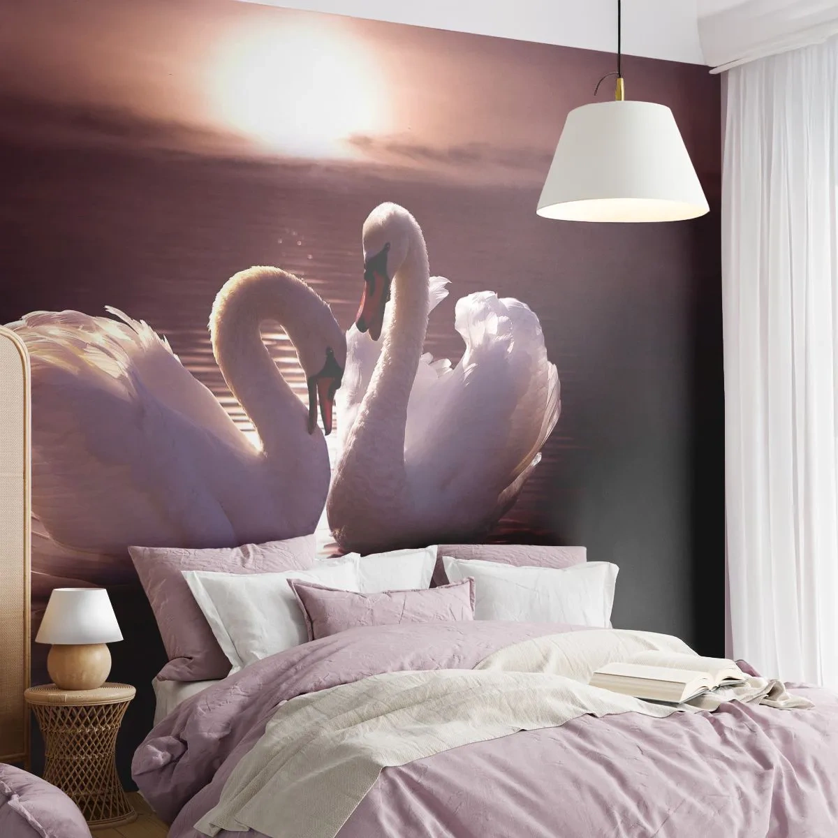 Fototapete Standard Eco - Zwei Schwäne bei Sonnenuntergang spiegeln sich im Wasser - 100x70cm - Bis der Tod uns scheidet - Moderne Wanddekoration für Wohnzimmer und Schlafzimmer ARTTOR