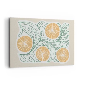 Bild auf Leinwand - Leinwandbild - Ein minimalistisches orangefarbenes Motiv mit grünen Blättern - 120x80cm - Ethnisch mit einem Hauch von Abstraktion - Moderne Wanddekoration für Wohnzimmer und Schlafzimmer ARTTOR