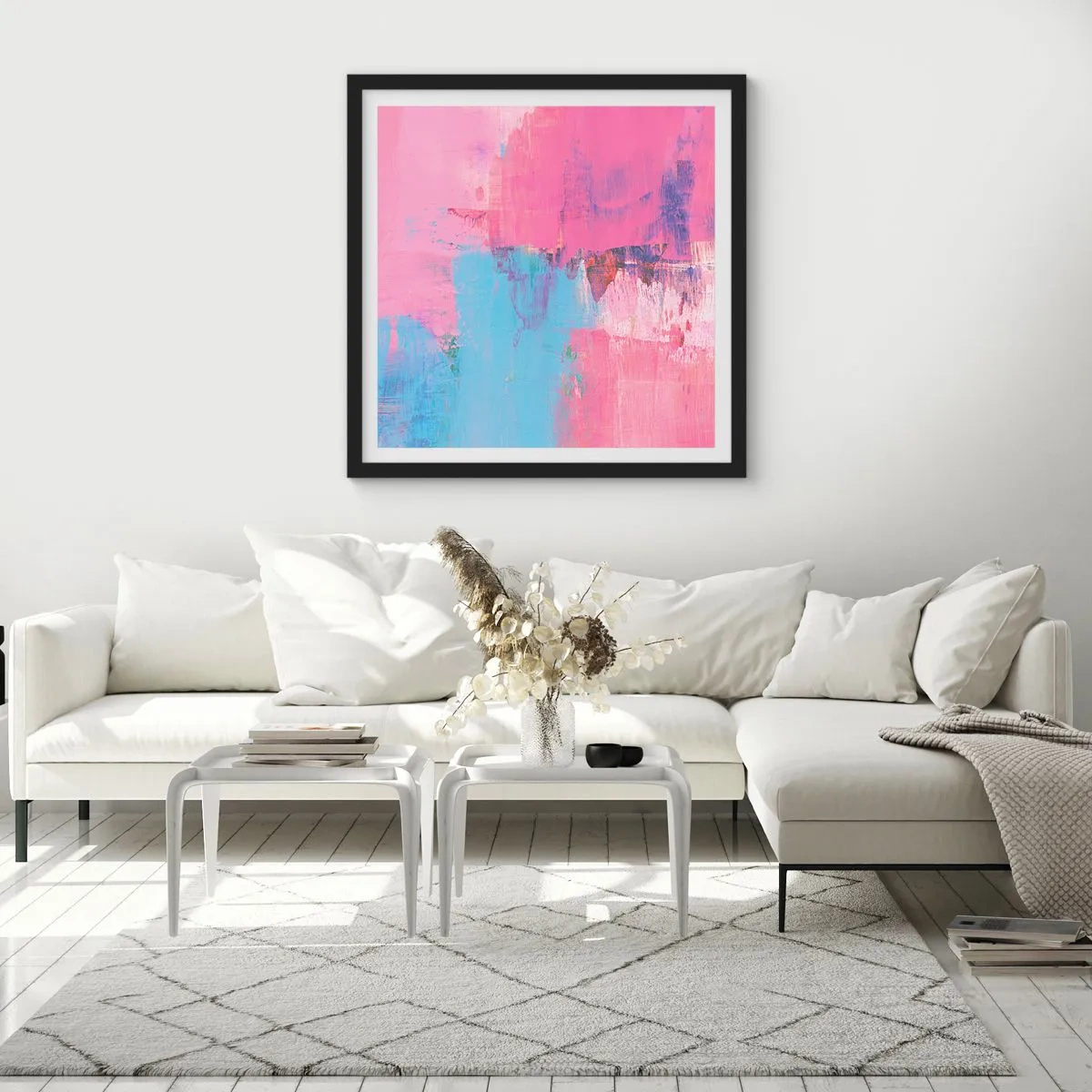 Poster in einem schwarzem Rahmen - Rosa, Blau und eine Prise Licht - 50x50 cm
