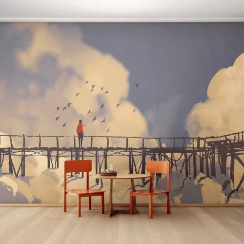 Fototapete Premium Canvas - Blaue Sehnsucht - Abstraktion, Brücke, Wolken - 250x175 cm