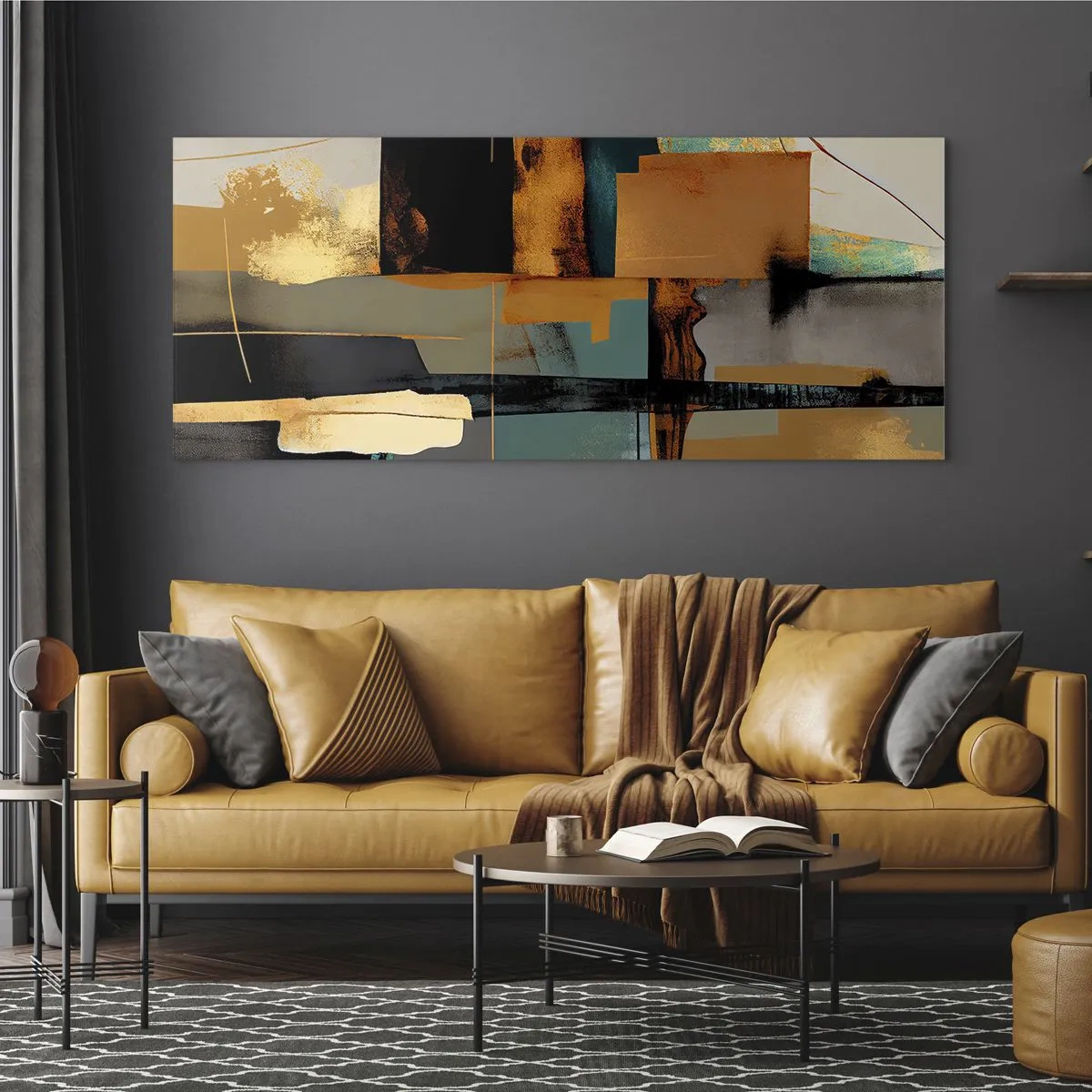 Glasbild - Bild auf glas - Abstrakte Komposition mit goldenen und türkisfarbenen Elementen - 160x50cm - Abstraktion – Licht und Schatten - Moderne Wanddekoration für Wohnzimmer und Schlafzimmer ARTTOR